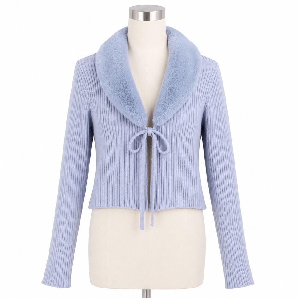 Y2K Style Faux Fur Trim Tie Front Rib Knit Cardigan Size Large Sweater Baby Blue